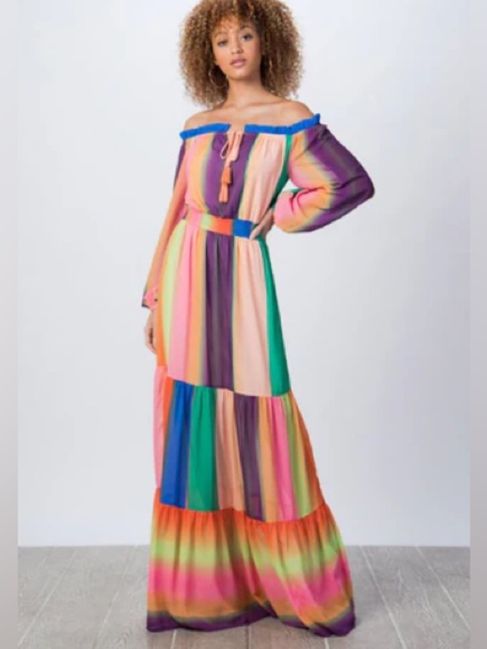 Colorblock Off-Shoulder Maxi Dress in Rainbow Stripes, boutique